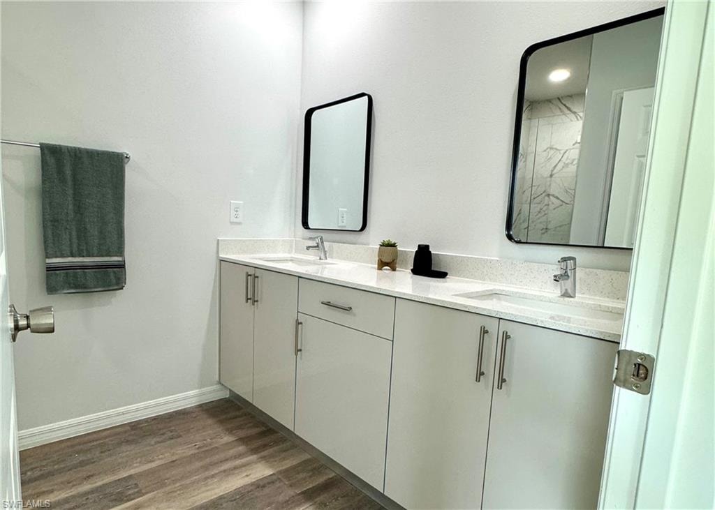 Bathroom with double vanity and dark wood-type flooring