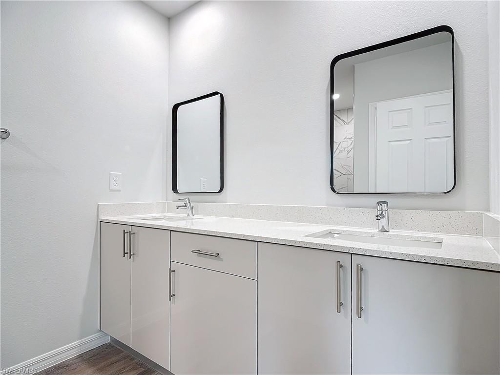 Bathroom with double vanity and dark wood-style floors
