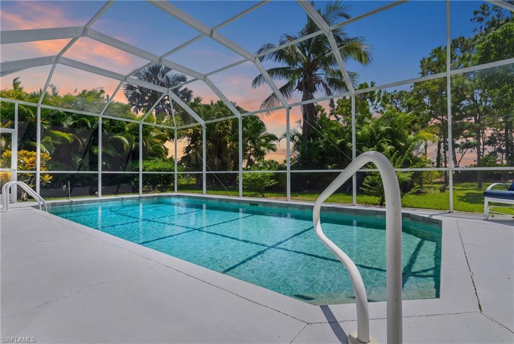 Screened-in outdoor pool featuring a large rectangular pool, white pool deck, and a white handrail
