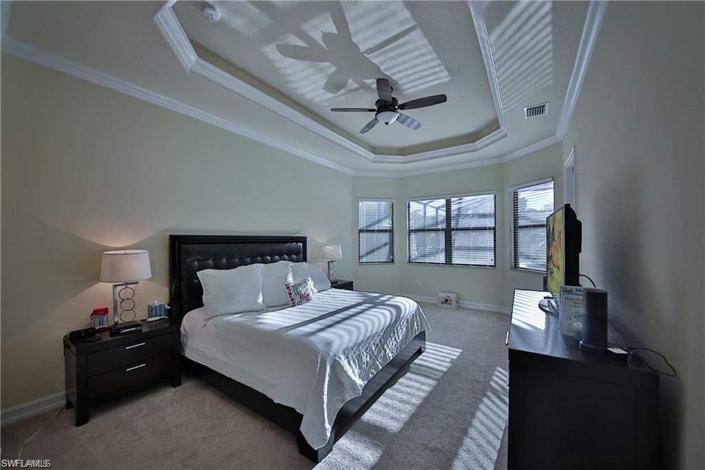 Carpeted bedroom with crown molding, a tray ceiling, and ceiling fan