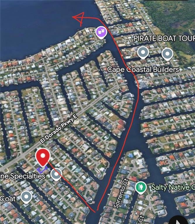 Aerial Map. Displaying a water route with identified points of interest and street names within the property's vicinity