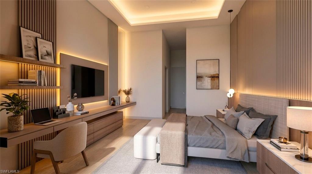 Rendered photo- Integrated desk area, built-in shelving, panel accent wall, recessed ceiling lighting, and wood-finish flooring