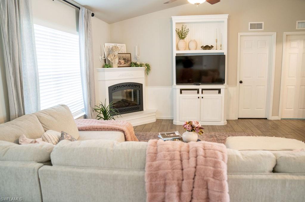Living area with built in fireplace.