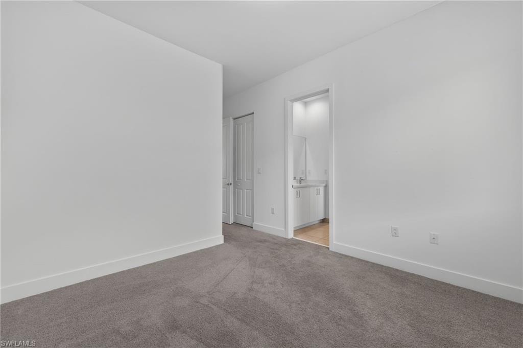 Plush carpet flooring, white painted walls, and a white interior door