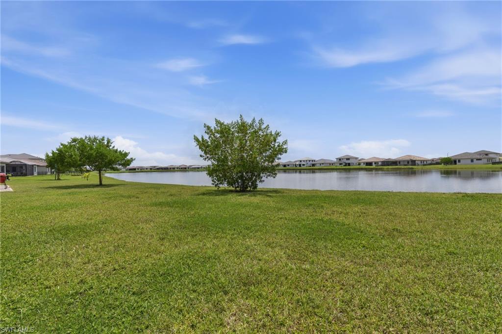 Expansive green space with mature trees bordering a serene lake