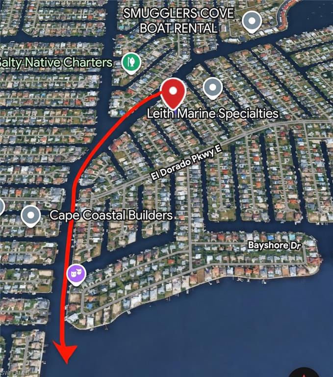 Navigational Map. Displaying a water route with identified points of interest and a destination marker