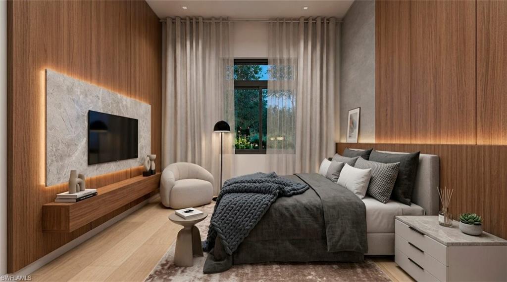 (Rendered photo) Wood-panel accent wall with integrated backlighting and a floating media console