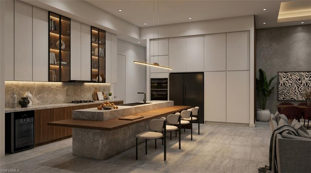 (Rendered photo) Modern kitchen with stone island, wood-finish countertop, integrated appliances, and recessed lighting