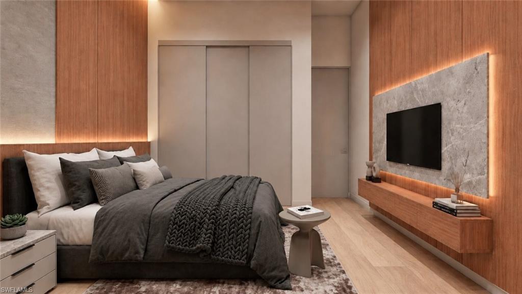 (Rendered photo) Wood panel accent walls with integrated lighting