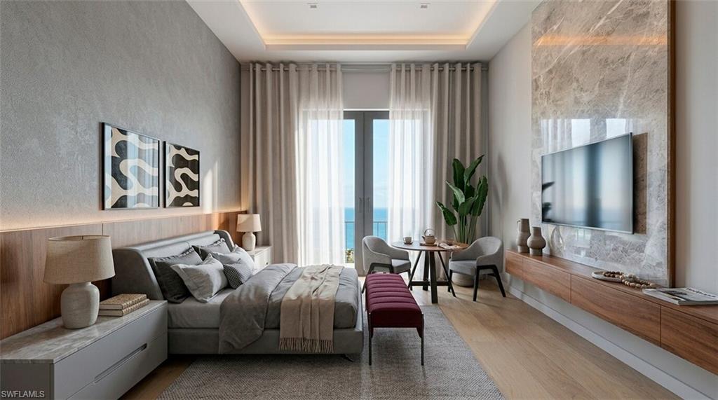 (Rendered photo) Recessed ceiling lighting, wood-finish flooring, a full-height glass door, a built-in floating media console, and a wall-mounted television