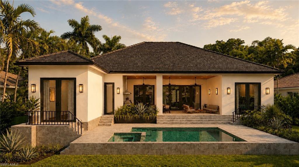 (Rendered photo) Contemporary stucco exterior with a dark shingle roof, expansive patio, integrated swimming pool, and covered outdoor living area