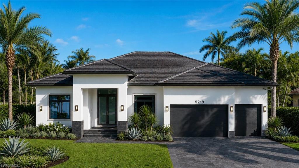 (Rendered photo) Modern exterior with a light stucco finish and dark tile roof
