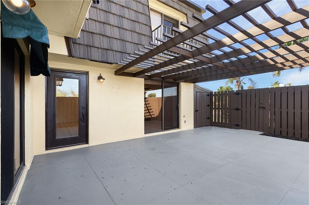 The pergola softens and shades the sun for pleasant outdoor dining or relaxing.