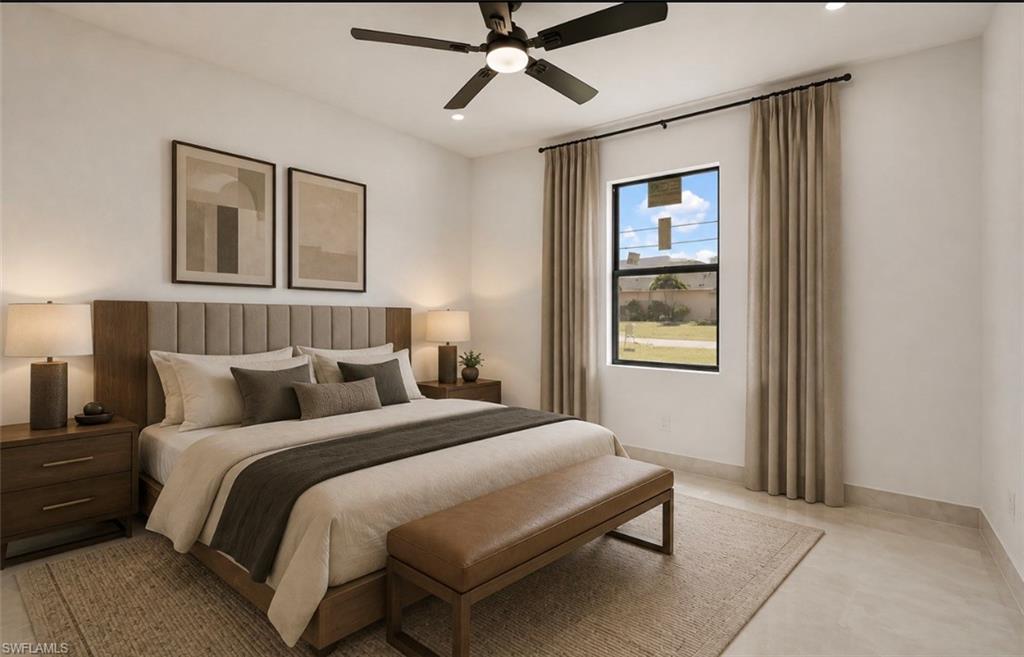 Ceiling fan with integrated lighting, recessed ceiling lighting, single window with drapes, wood-finish flooring, upholstered headboard