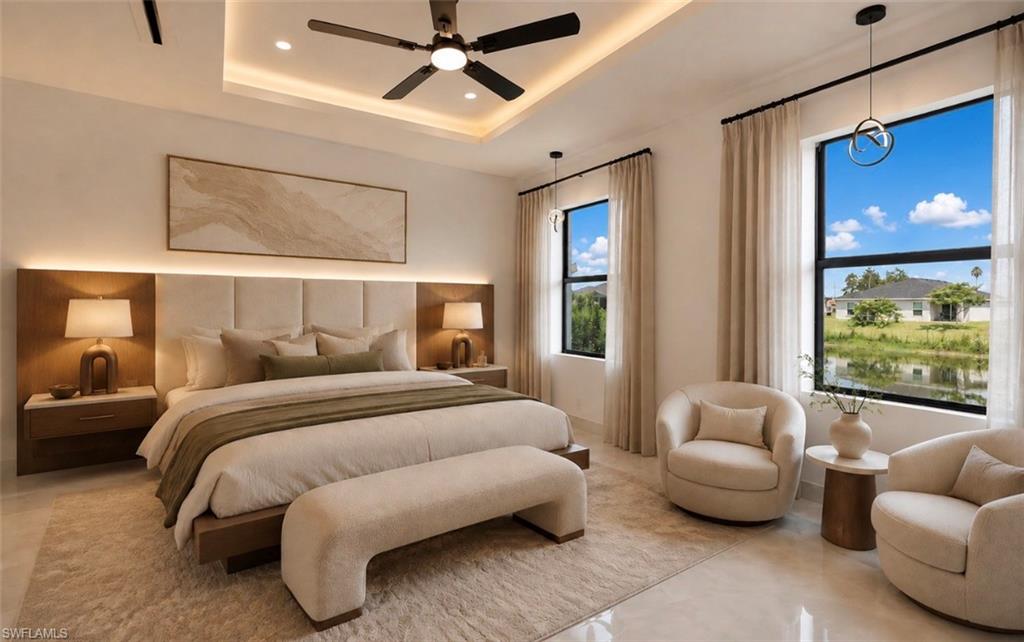 Recessed ceiling with integrated lighting, contemporary ceiling fan, large windows with black frames, tile flooring, and integrated wall lighting
