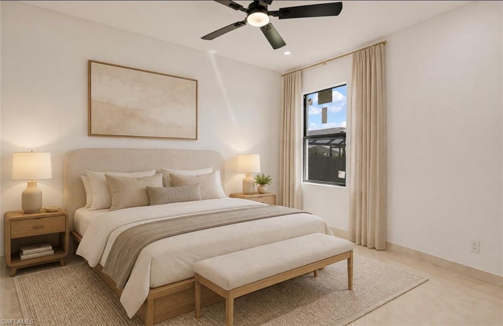 Recessed lighting, ceiling fan, window with light-filtering drapery, and tile flooring