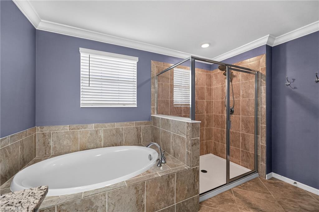 Spa-inspired primary bathroom showcasing a freestanding soaking tub with tile surround, a frameless glass-enclosed walk-in shower with tile detailing, wood-finish flooring, and dual vanity areas