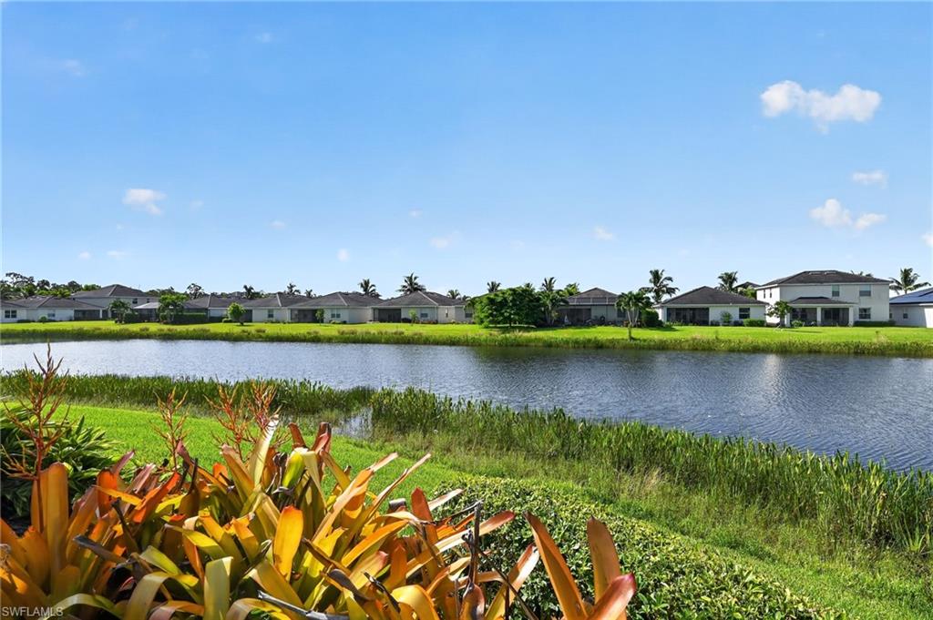 Expansive water frontage with lush surrounding landscaping and mature trees