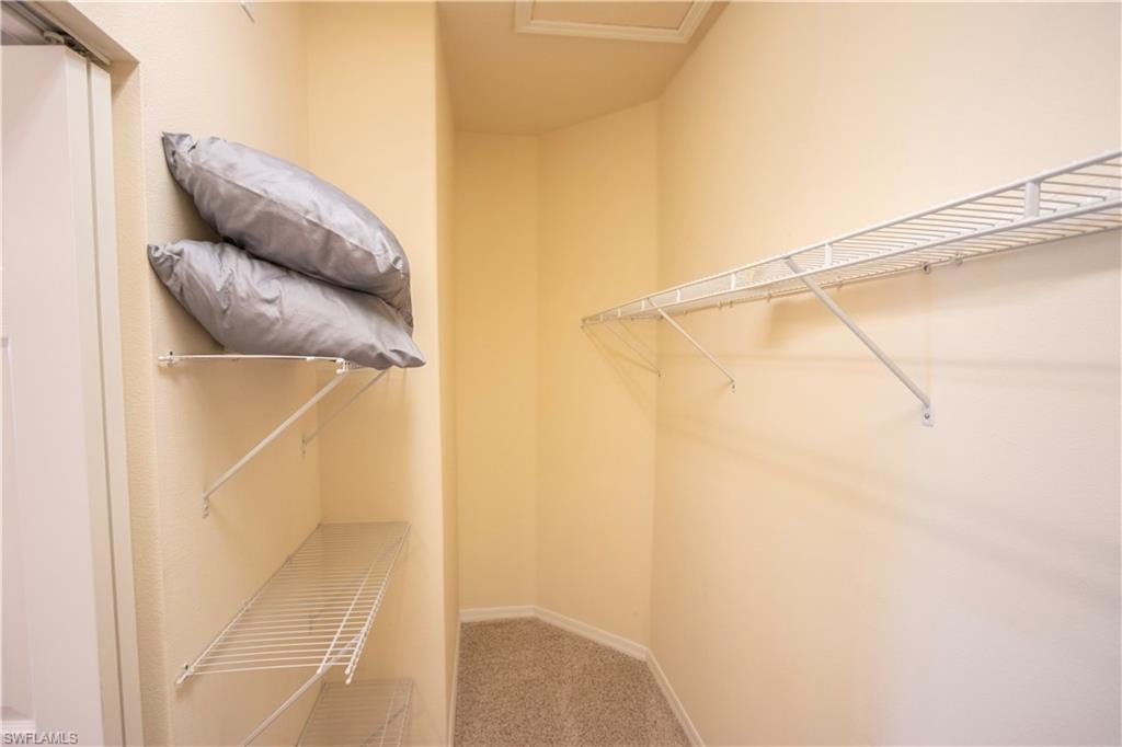 Carpeted walk-in closet featuring built-in wire shelving