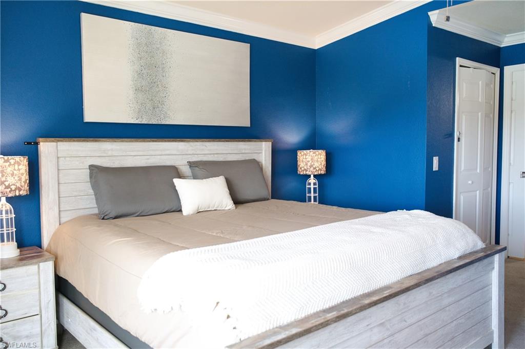 Wall-to-wall carpeting and crown molding