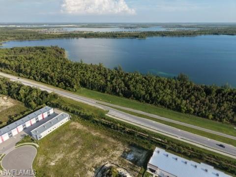 Expansive water body, verdant shoreline, paved roadway, commercial buildings, and undeveloped land