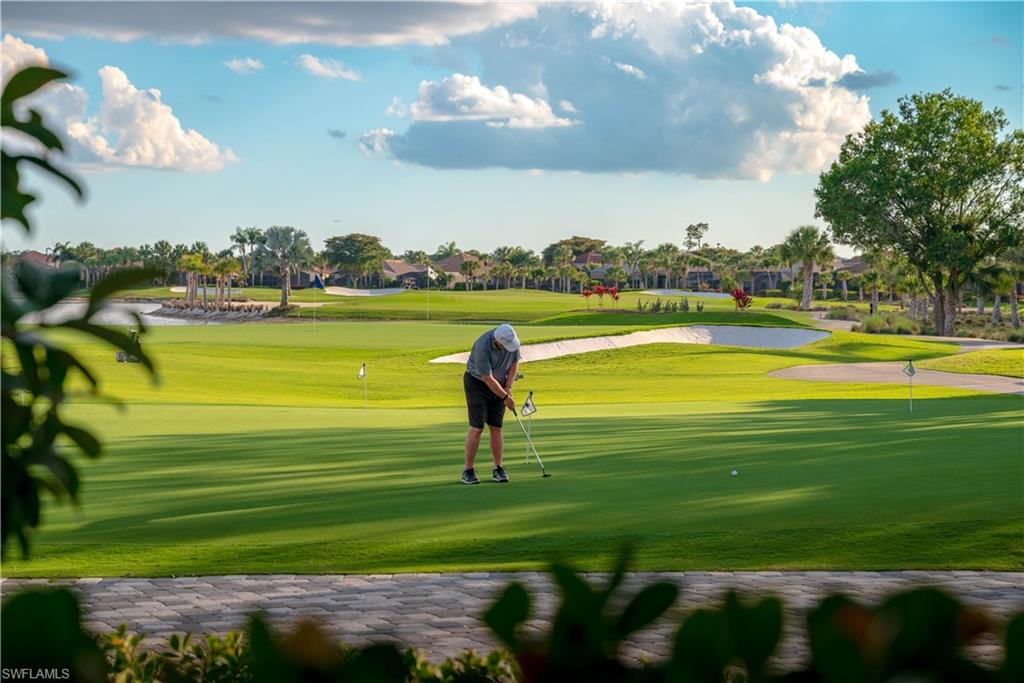 Expansive golf course setting featuring manicured greens, sand traps, and mature palm trees