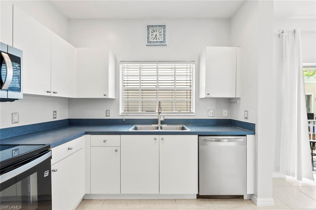 Kitchen featuring white cabinetry, blue countertops, a stainless steel dishwasher, and an under-mount double basin sink