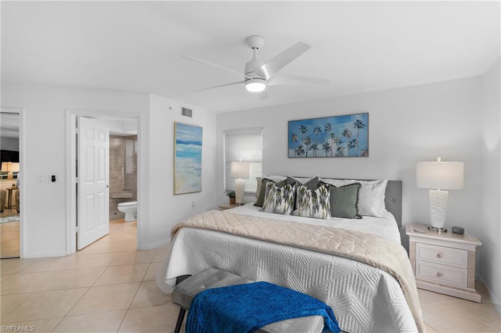 Recessed lighting, tile flooring, ceiling fan with integrated lighting, window with blinds, and white interior doors