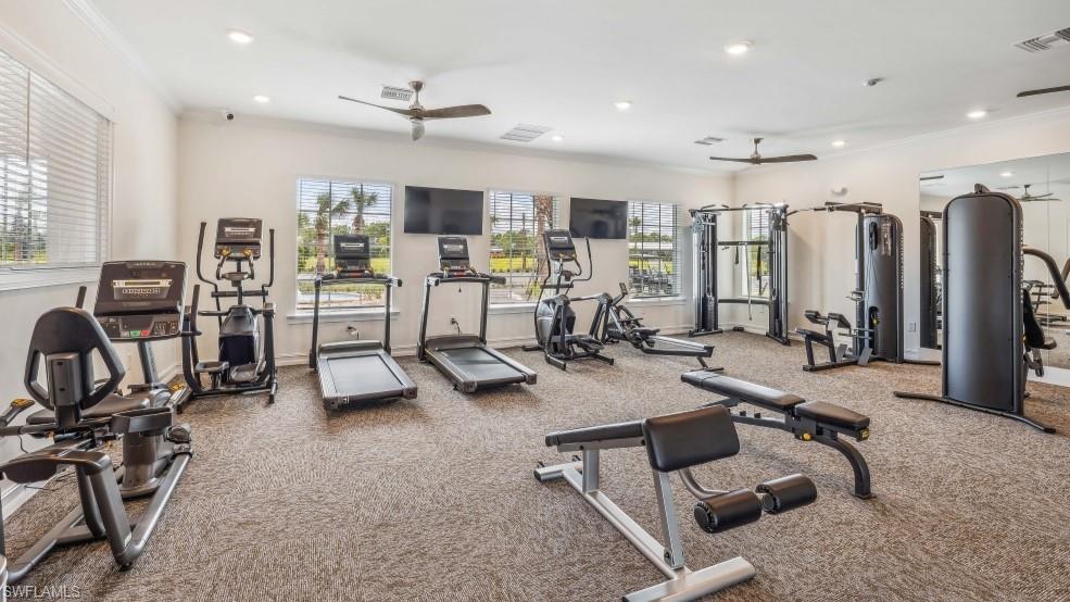 Fitness center with carpet flooring, mounted televisions, large windows, and ceiling fans