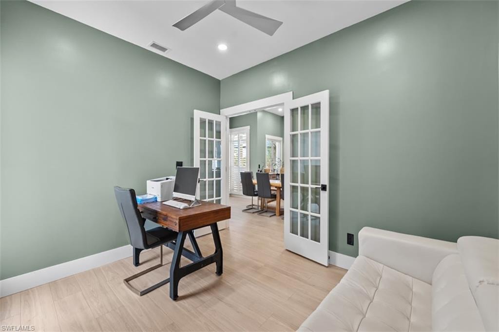 MASTER Recessed lighting, wood-finish flooring, ceiling fan, sliding glass door, and multi-pane windows