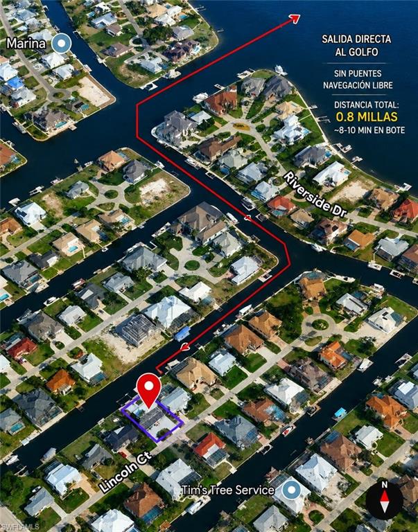 Aerial map. Illustrating the property's location and its proximity to the Gulf, including nautical travel distance and time