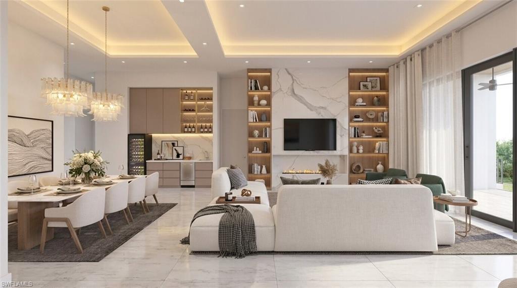 (Rendered photo) Open-concept living space with large format tile flooring, recessed ceiling lighting, and a built-in media center with shelving