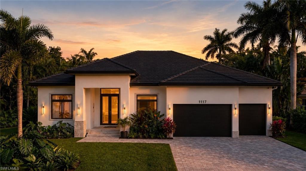 (Rendered photo) Contemporary stucco exterior with a dark tile roof
