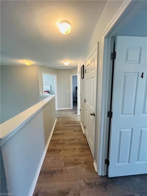 Wood-finish flooring extending through the hallway, white interior doors, and consistent ceiling lighting