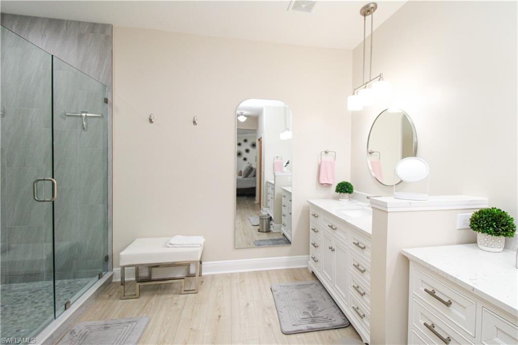 Bathroom with vanity, hardwood / wood-style floors, and walk in shower