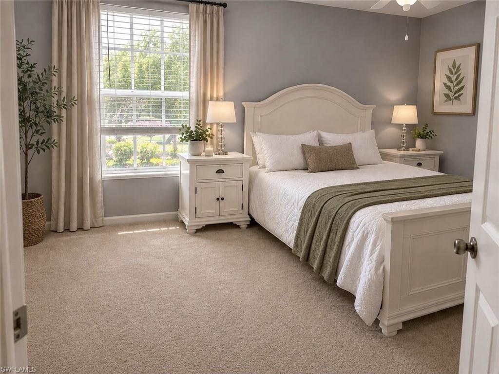 Wall-to-wall carpeting, window with blinds and drapes, ceiling fan with light, and painted interior walls
