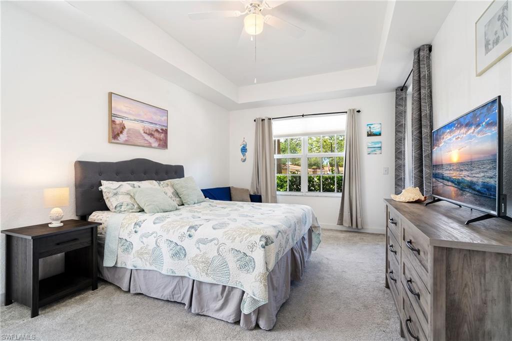 Recessed ceiling, ceiling fan, window with exterior view, and wall-to-wall carpeting