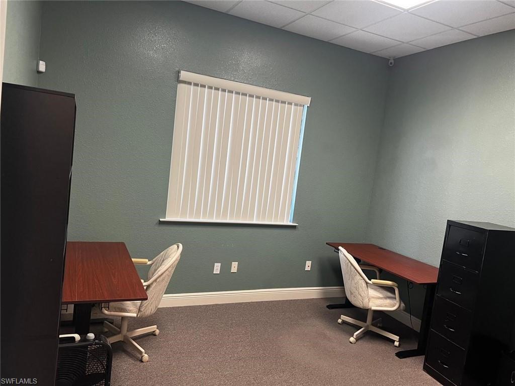 Carpeted flooring with painted walls, a window with vertical blinds, and a drop ceiling with recessed lighting