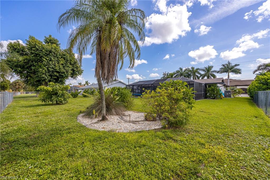 Expansive green lawn featuring a palm tree with a decorative rock border and various plantings