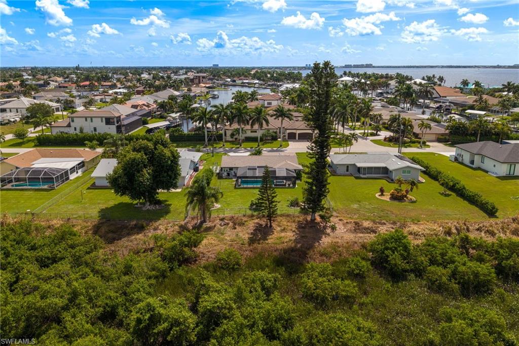 Expansive lot with mature landscaping, a private swimming pool, and dedicated patio space