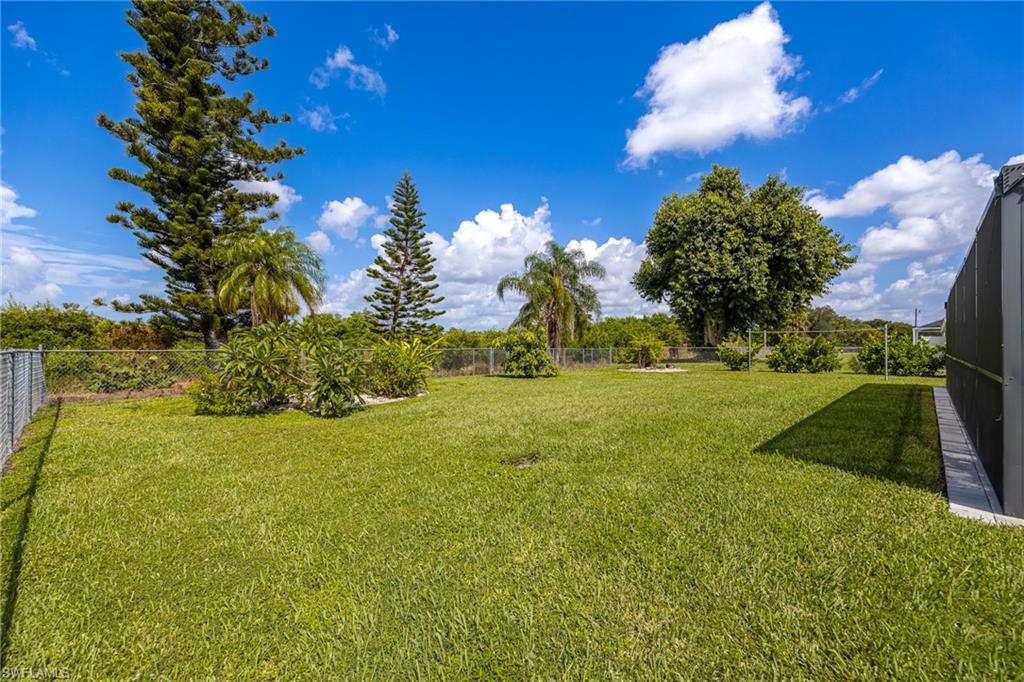 Expansive green lawn with a chain-link perimeter fence, mature trees, and established shrubbery