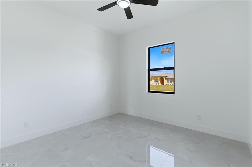 Recessed lighting, ceiling fan, single window, white walls, and light-toned flooring