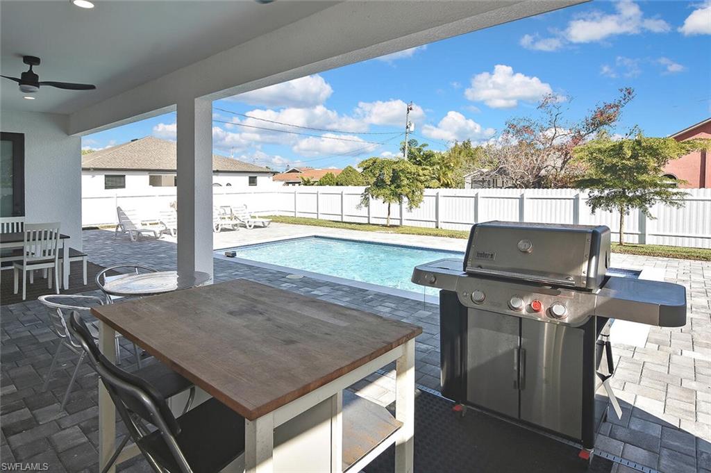 View of swimming pool with a patio area, outdoor dining space, grilling area, and a fenced backyard