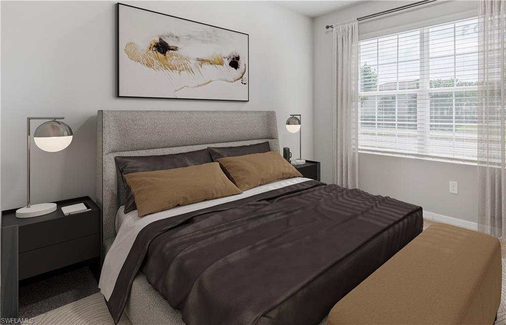 This image is virtually staged. Bedroom featuring baseboards
